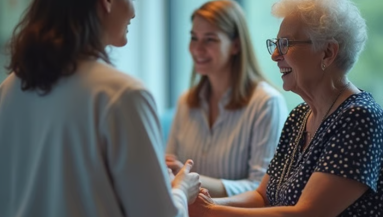 Consulta com idosas sendo acompanhadas pela Dra. Katia Colombo, simbolizando o cuidado com o envelhecimento saudável em Catanduva